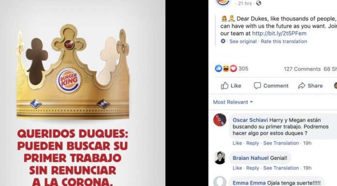 Burger King le oferă de muncă lui Harry şi Meghan într-o postare haioasă pe Facebook