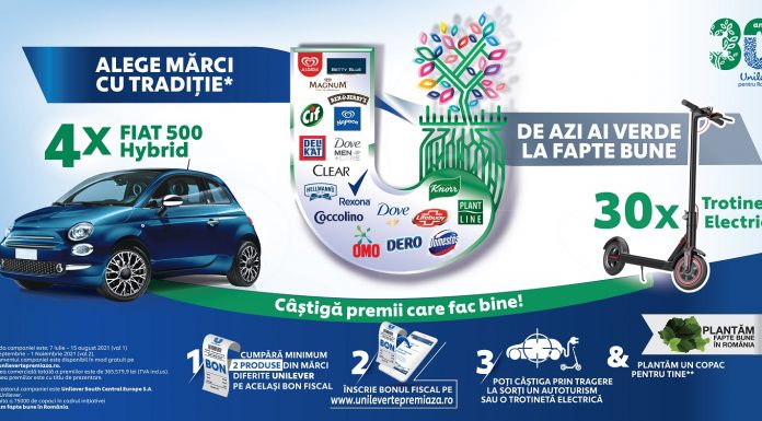 Unilever dă startul campaniei „De azi ai verde la fapte bune” și pune la bătaie 4x automobile Fiat 500 Hybrid, 30x trotinete electrice Unilever